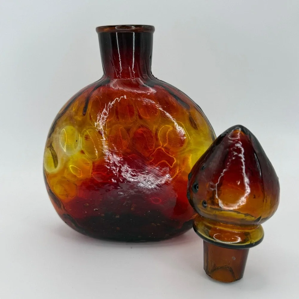 Vintage Amberina Glass Decanter Bottle Stopper Art‎ Glass Handblown Rustic Optic